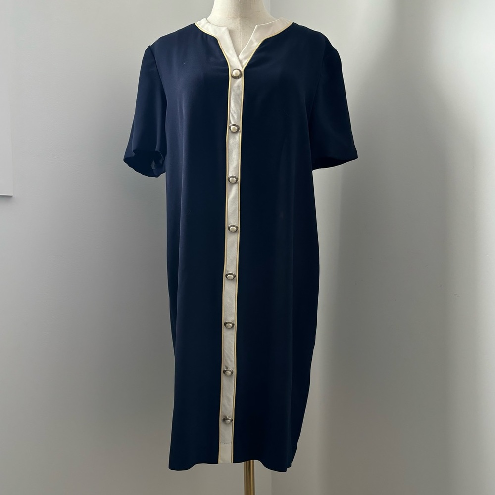 Talbots Vintage Navy & Cream Short Sleeve V-neck Fully Lined Midi Dress